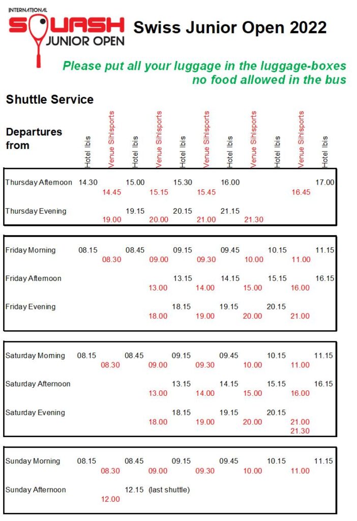 Shuttle Service Departures 2022